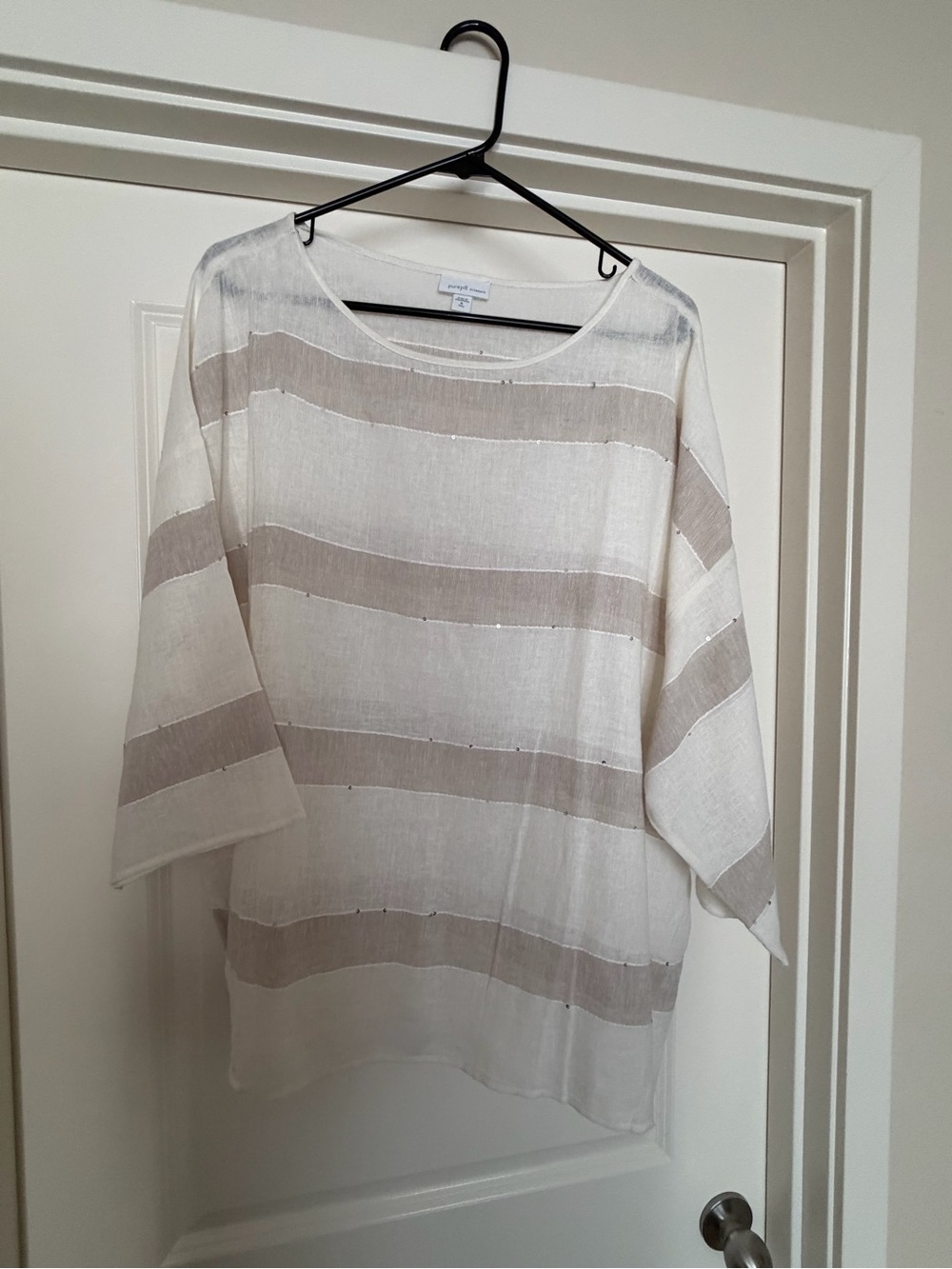 Pure JJill Cream and Taupe Striped Linen Blend Top